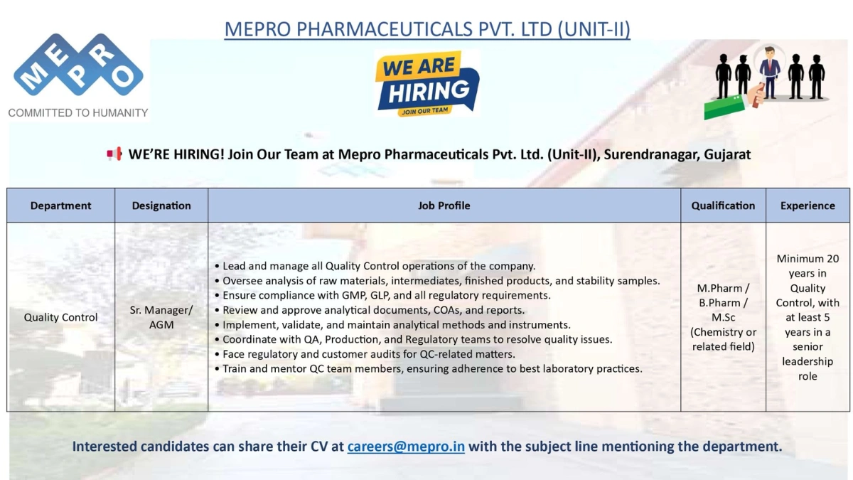Mepro Pharmaceuticals Hiring a Senior Manager & AGM for Quality Control in Gujarat