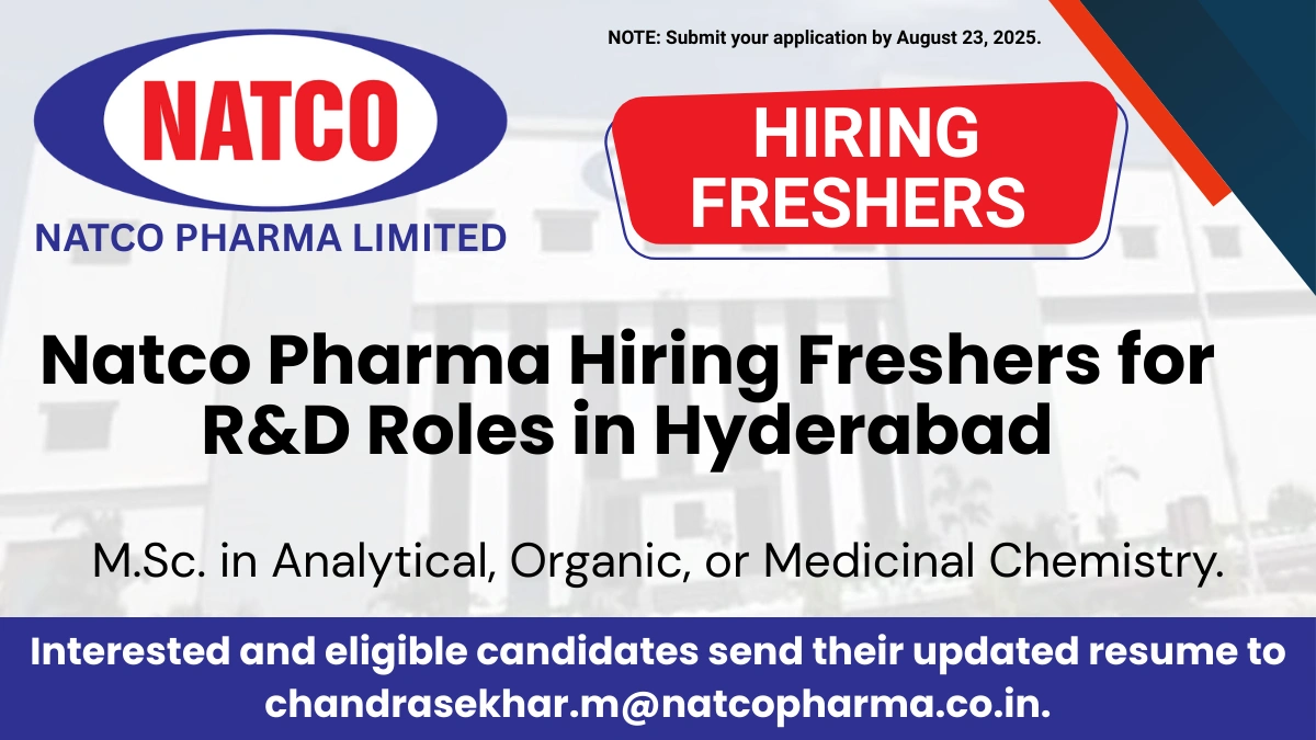 Natco Pharma Hiring Freshers for R&D Roles in Hyderabad