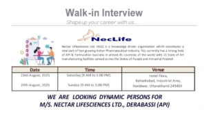 Nectar Lifesciences Walk-In Interview in Haridwar on August 23-24, 2025