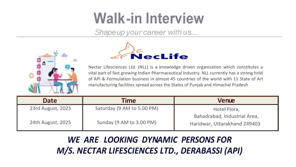 Nectar Lifesciences Walk-In Interview in Haridwar on August 23-24, 2025