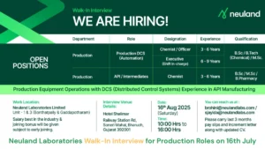 Neuland Laboratories Walk-In Interview for Production Roles on 16th July