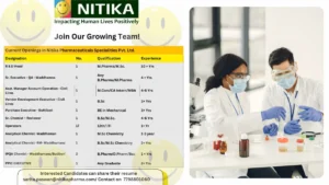 Nitika Pharmaceuticals – Urgent Openings for B.Sc, M.Sc, B.Pharm, M.Pharm, D.Pharm, M.Com, MBA, 12th, ITI, Any Graduates