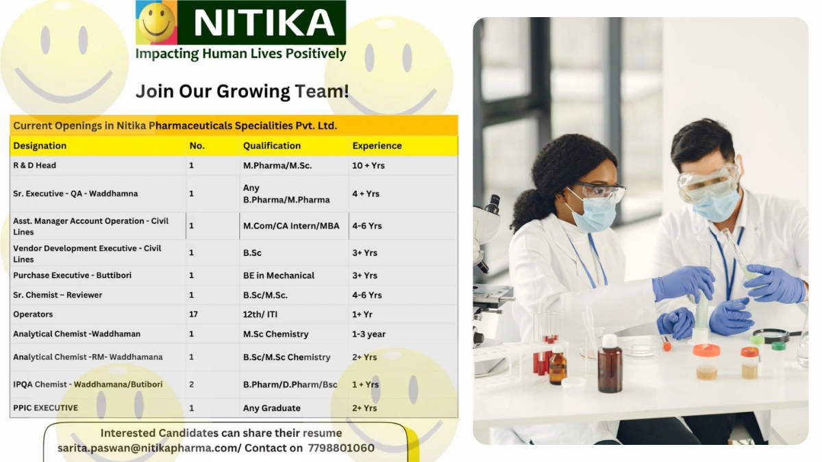 Nitika Pharmaceuticals – Urgent Openings for B.Sc, M.Sc, B.Pharm, M.Pharm, D.Pharm, M.Com, MBA, 12th, ITI, Any Graduates