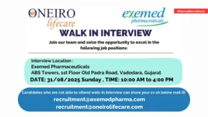 Oneiro Lifecare & Exemed Pharma Walk-In – Officer to Sr. Executive Jobs in ADL, QC, QA & R&D