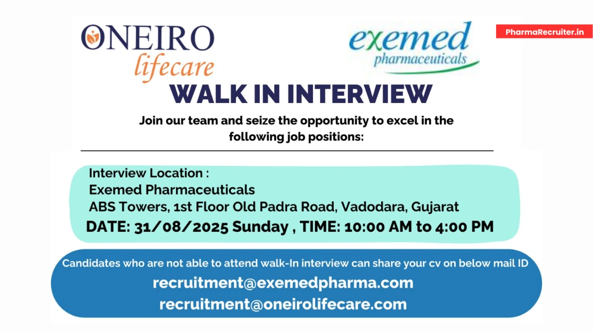 Oneiro Lifecare & Exemed Pharma Walk-In – Officer to Sr. Executive Jobs in ADL, QC, QA & R&D