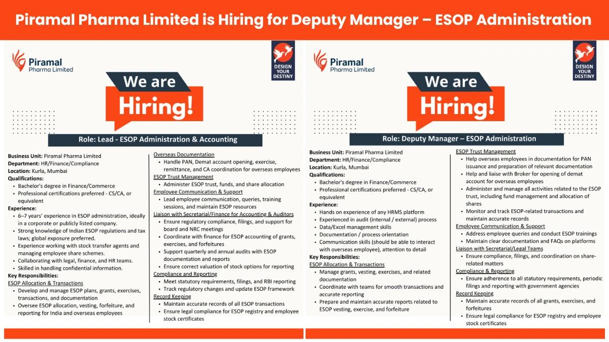 Piramal Pharma Limited is Hiring for Deputy Manager – ESOP Administration in Mumbai!