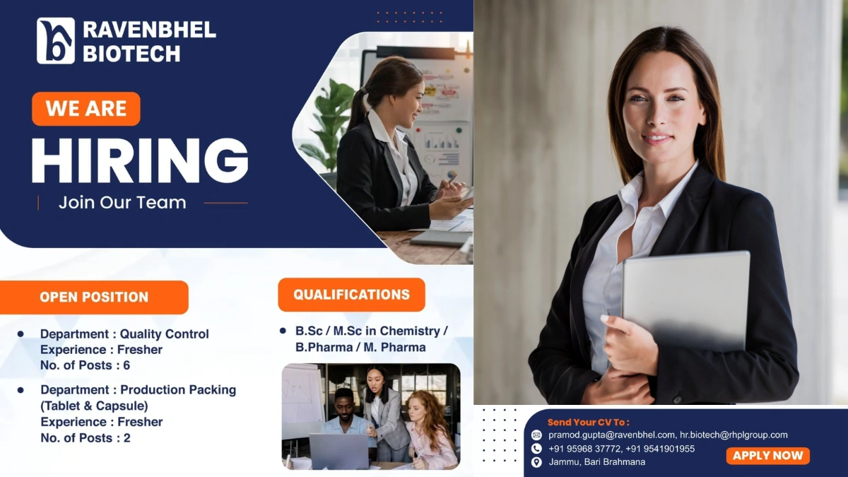 Ravenbhel Biotech Hiring Freshers in Quality Control and Production Packing