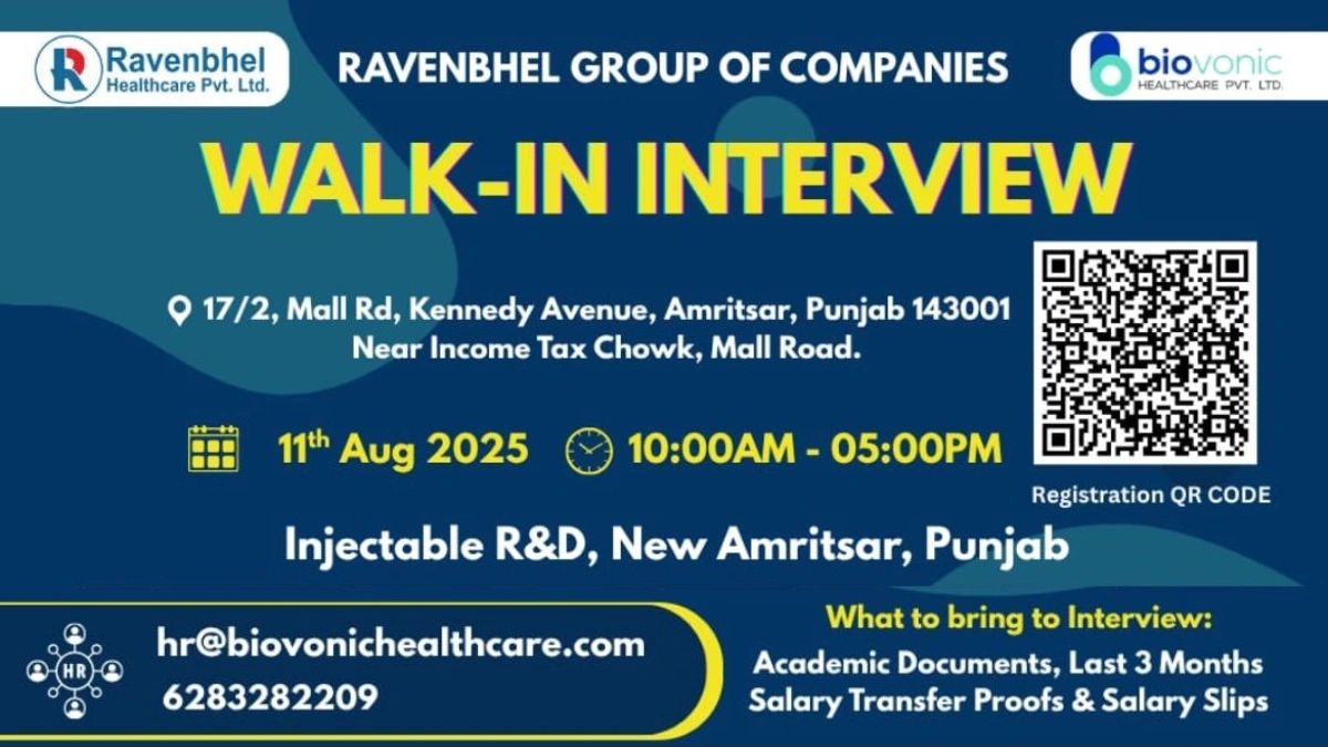 Ravenbhel Healthcare Walk-In Interview for Various Roles in Injectable R&D Team on 11th August