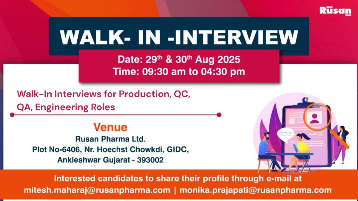 Rusan Pharma is Hiring! Walk-In Interviews for Production, QC, QA, Engineering Roles on 29th & 30th August 2025