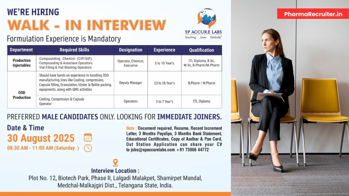 SP Accure Labs Walk-In Interviews for Pharmaceutical Professionals on 30th August