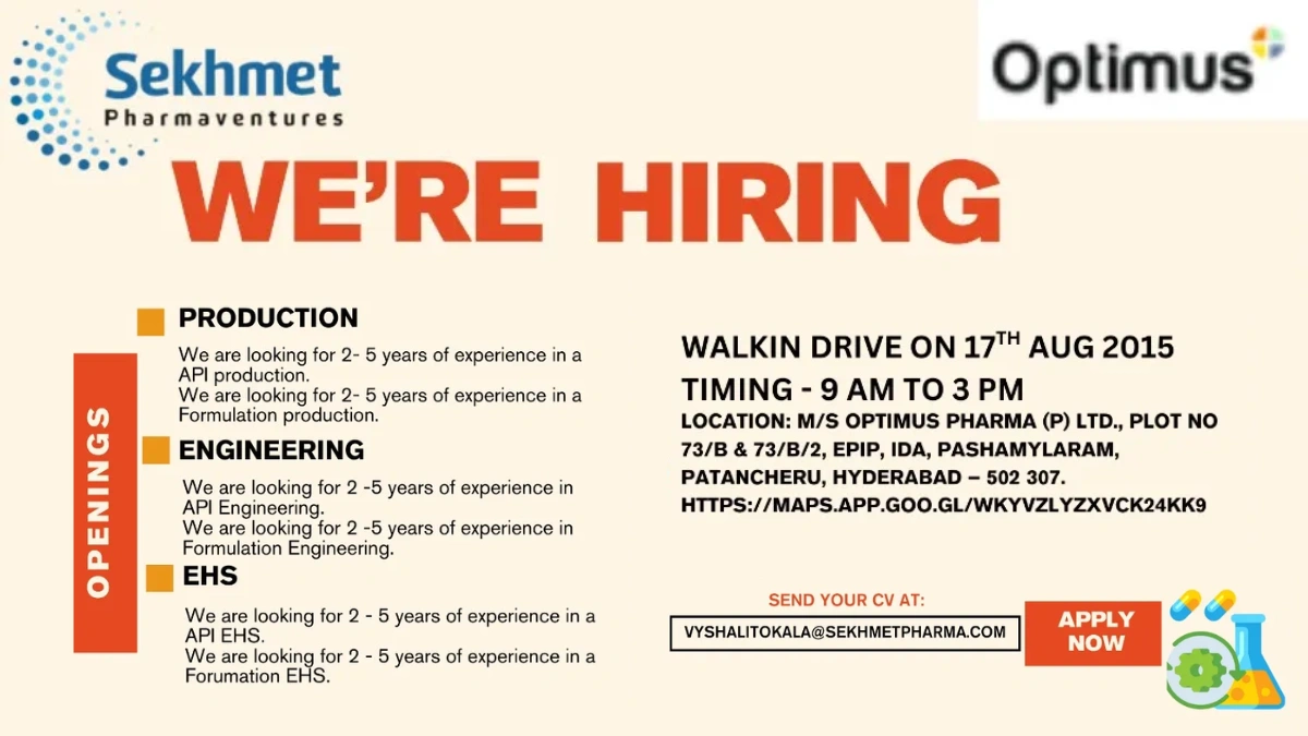 Sekhmet Pharmaventures (Optimus) is Hiring! Walk-In Drive for Production, EHS & Engineering on 17th August