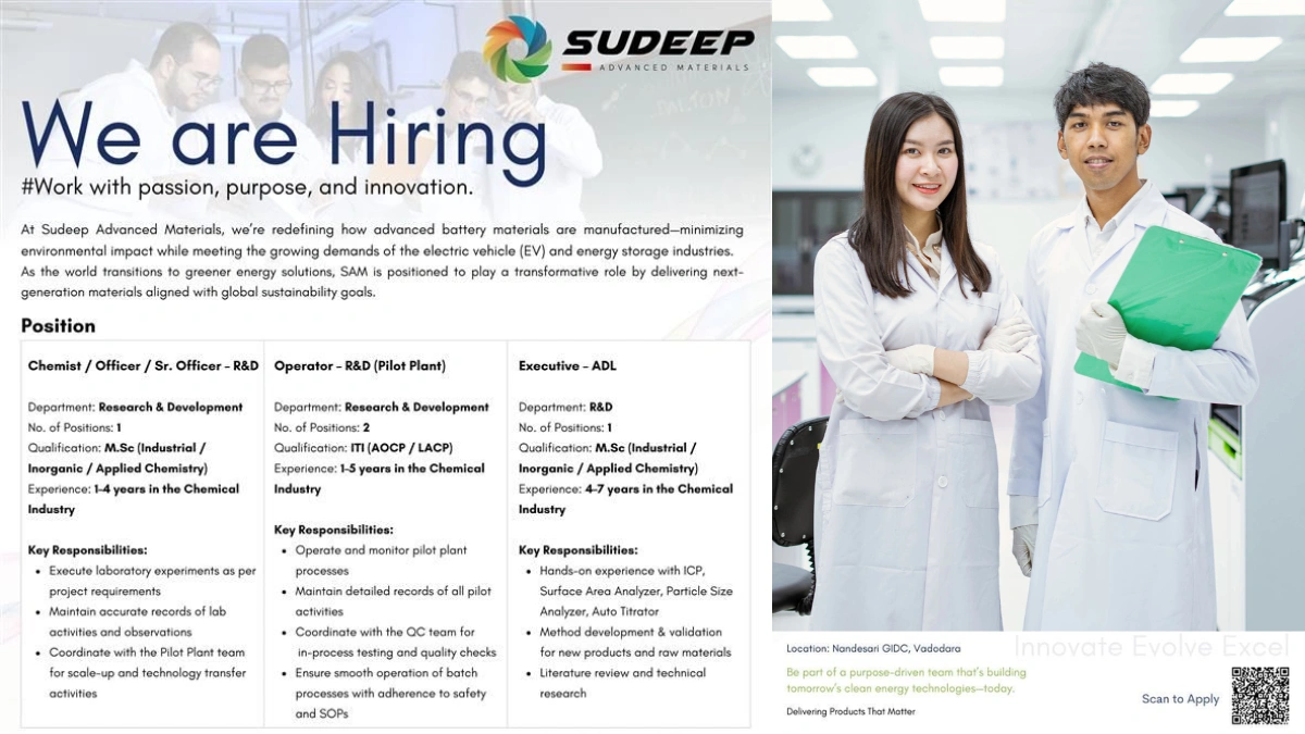 Sudeep Advanced Materials Hiring for Chemist, Officer & Sr. Officer - R&D