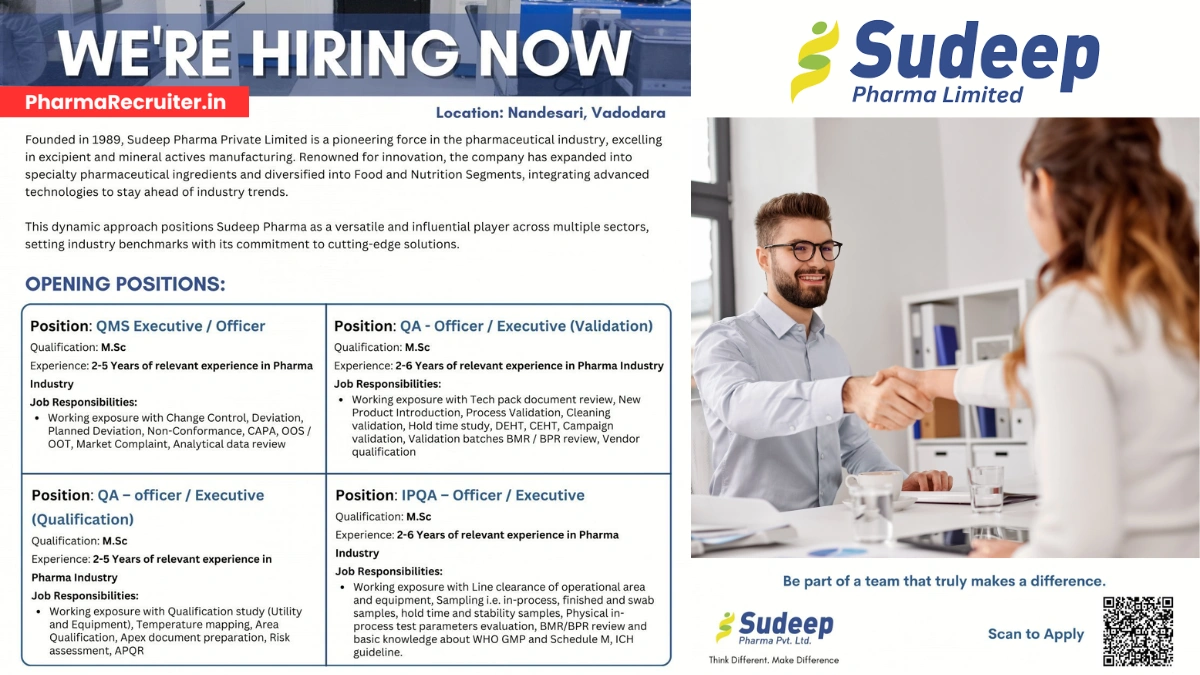 Sudeep Pharma - Hiring for Quality Assurance Job Roles