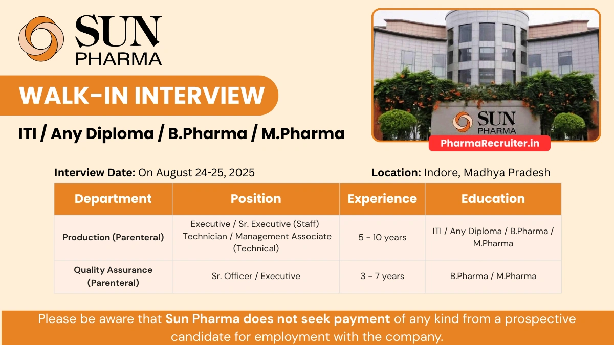 Sun Pharma Walk-In Interview in Indore on August 24-25, 2025