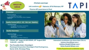 TAPI Walk-In Drive for Production, QA, and Quality Control Roles on 29th-30th August