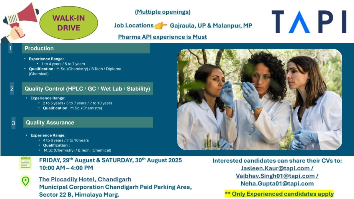 TAPI Walk-In Drive for Production, QA, and Quality Control Roles on 29th-30th August
