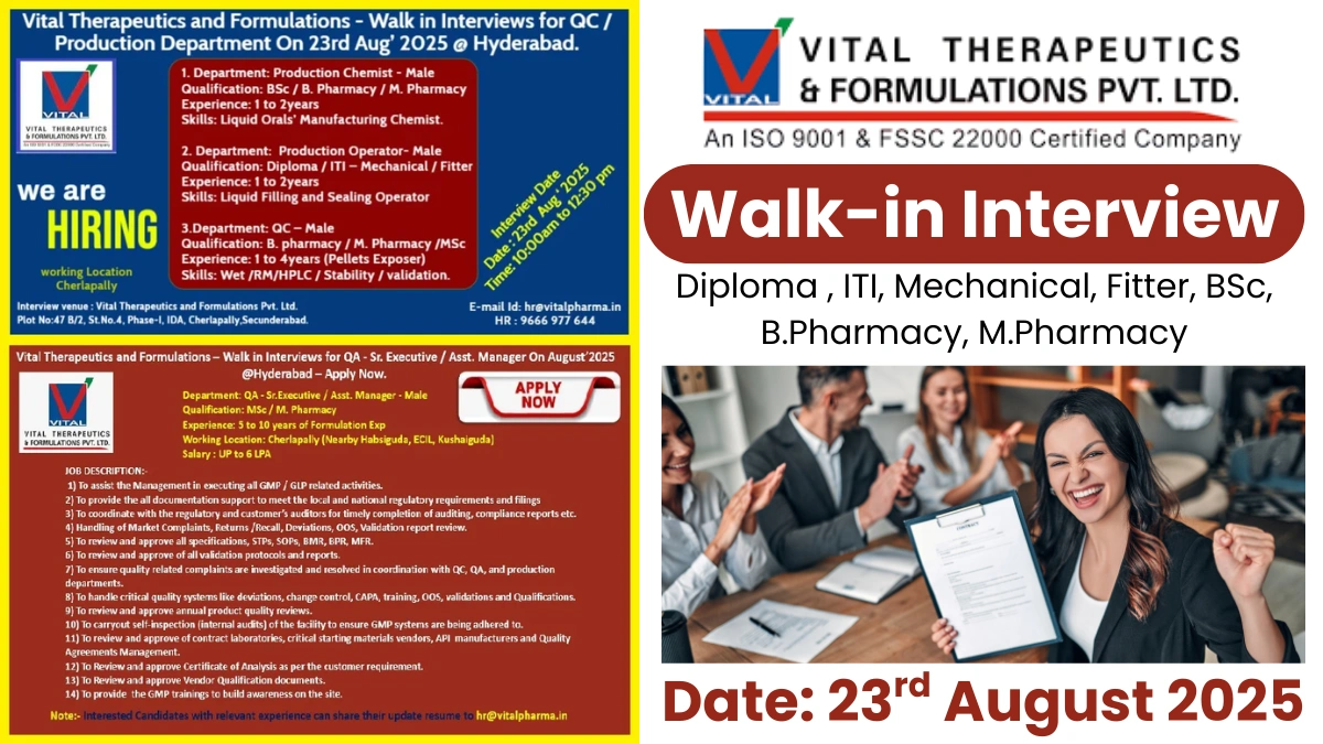 Vital Therapeutics Walk-In Interviews for QC, Production & Openings for Senior QA Roles on 23rd August