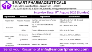 Walk-In Drive @ Smaart Pharmaceutticals - Multiple Openings for M.Sc., B.Sc., B.Tech, B.E. Chemical, M. Pharm, MBA or B. Pharm Candidates on 17th August