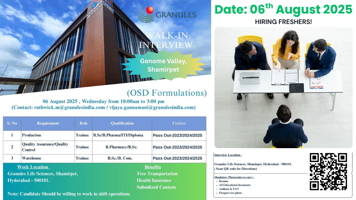 Walk-In Interview @ Granules India for Pharmaceutical Trainee Roles on 6th August
