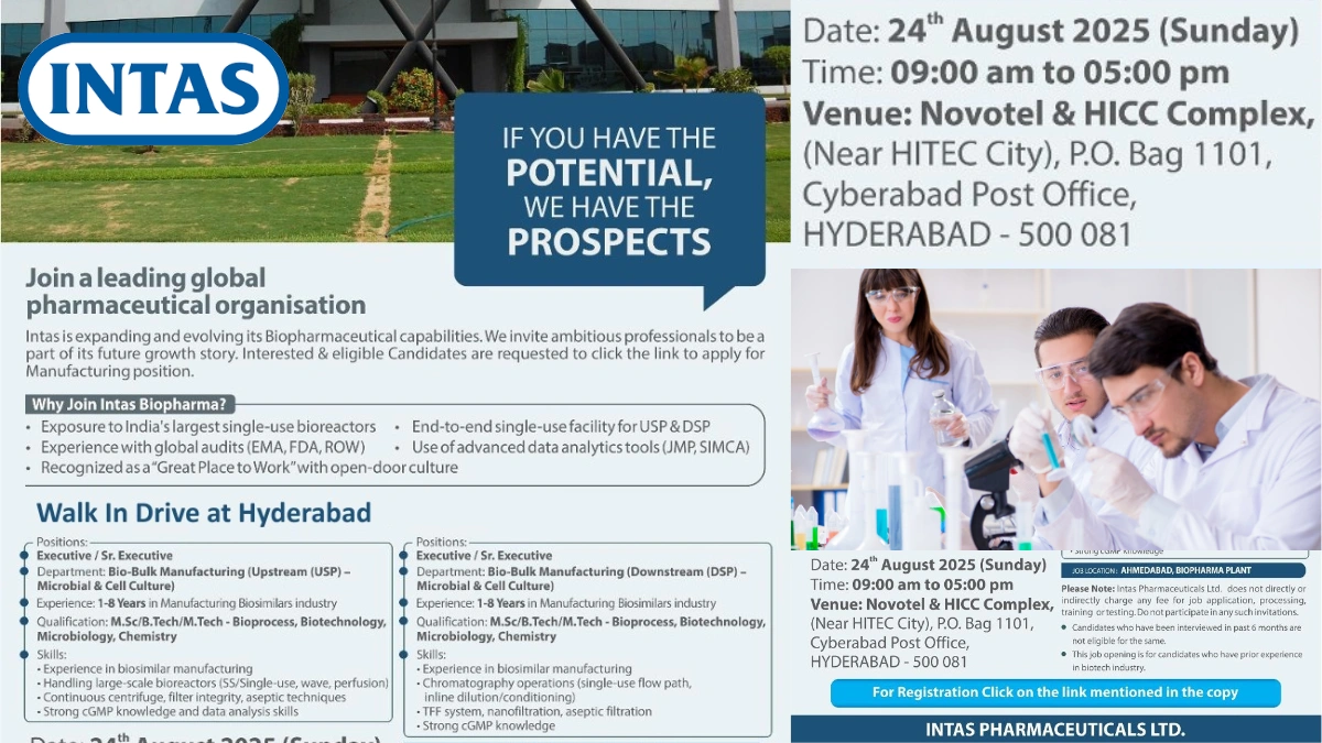 Walk-In Interview @ Intas Pharmaceuticals - Hiring M.Sc, B.Tech, or M.Tech in Bioprocess, Biotechnology, Microbiology, Chemistry Candidates on 24th August