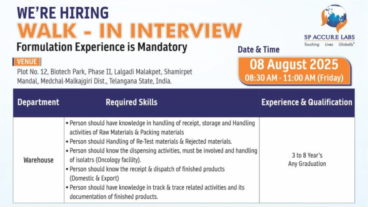 Walk-In Interview @ SP Accure Labs - Hiring Any Graduation for Warehouse Department on 8th August