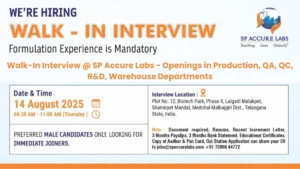 Walk-In Interview @ SP Accure Labs - Openings in Production, QA, QC, R&D, Warehouse on 14th August