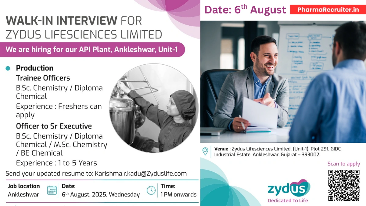 Walk-In Interview @ Zydus Lifesciences Limited for Freshers on 8th August