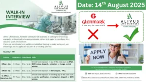 Walk-In Interview for QA & QC Professionals @ Alivus Life Sciences (Formerly Glenmark) on 14th August