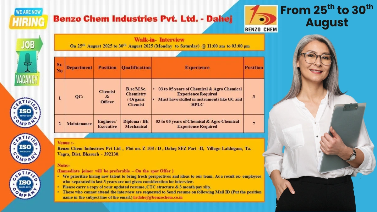 Walk-in Drive @ Benzo Chem Industries - Hiring for Quality Control & Maintenance Departments Roles from 25th to 30th August