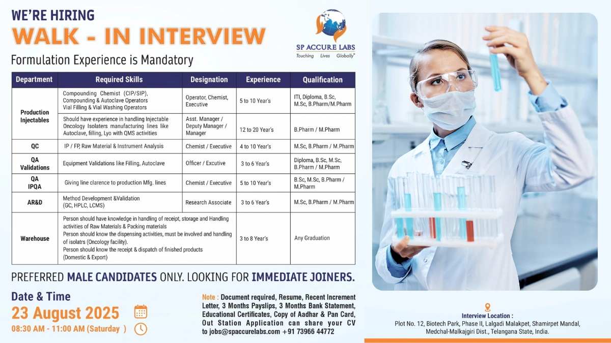 Walk in Interview @ SP Accure on 23rd August