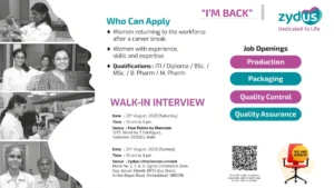 Walk in Interview @ Zydus's I'M BACK Returnship Program for Women on 23rd - 24th August