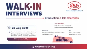 Walk-in Interview @Divi's Laboratories Limited - Freshers Openings for Production & QC Chemists on 20th August