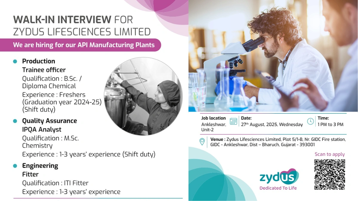 Walk-in Interview at Zydus Lifesciences - Hiring Freshers on 27th August 2025