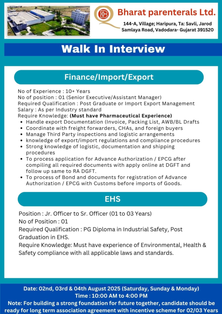 Bharat Parenterals Ltd. - Walk-In Interviews on 2nd, 3rd, & 4th August 2025