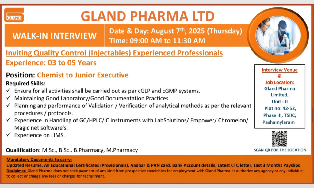 Gland Pharma Ltd Walk-In Interviews for Quality Control (Injectables) Professionals on 7th August