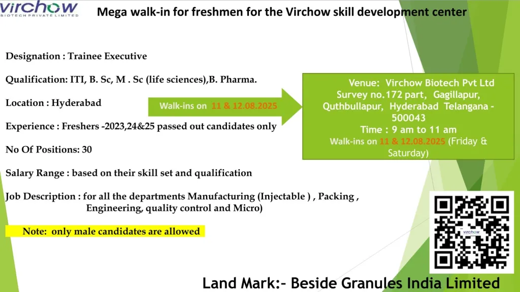 30 Fresher Openings @ Virchow Biotech Mega Walk-In Drive for B.Pharmacy, ITI, B.Sc. or M.Sc. in Life Sciences Students in Hyderabad