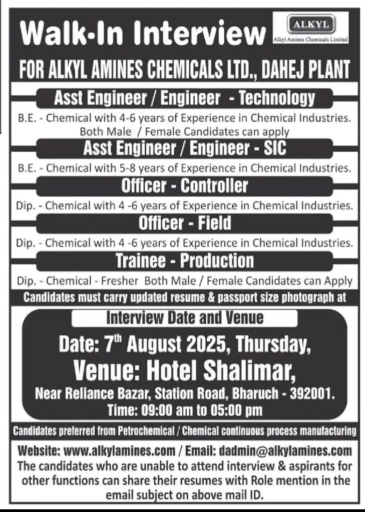 Alkyl Amines Chemicals Walk-In Interviews for Chemical Industry Professionals on 7th August