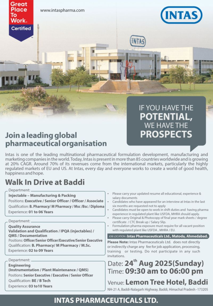 Intas Pharmaceuticals Walk-In Interviews for Injectable Manufacturing, Quality Assurance, and Engineering Job Roles