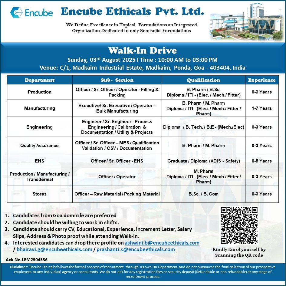 Freshers Job @ Encube Ethicals Walk-In Drive for Topical Formulation Experts on 3rd August