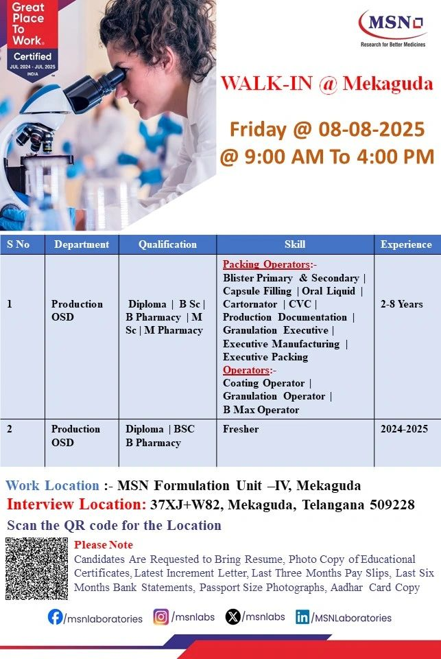 MSN Laboratories Walk-In Drive for Diploma / B.Sc / B.Pharmacy / M.Sc / M.Pharmacy Students on 8th August