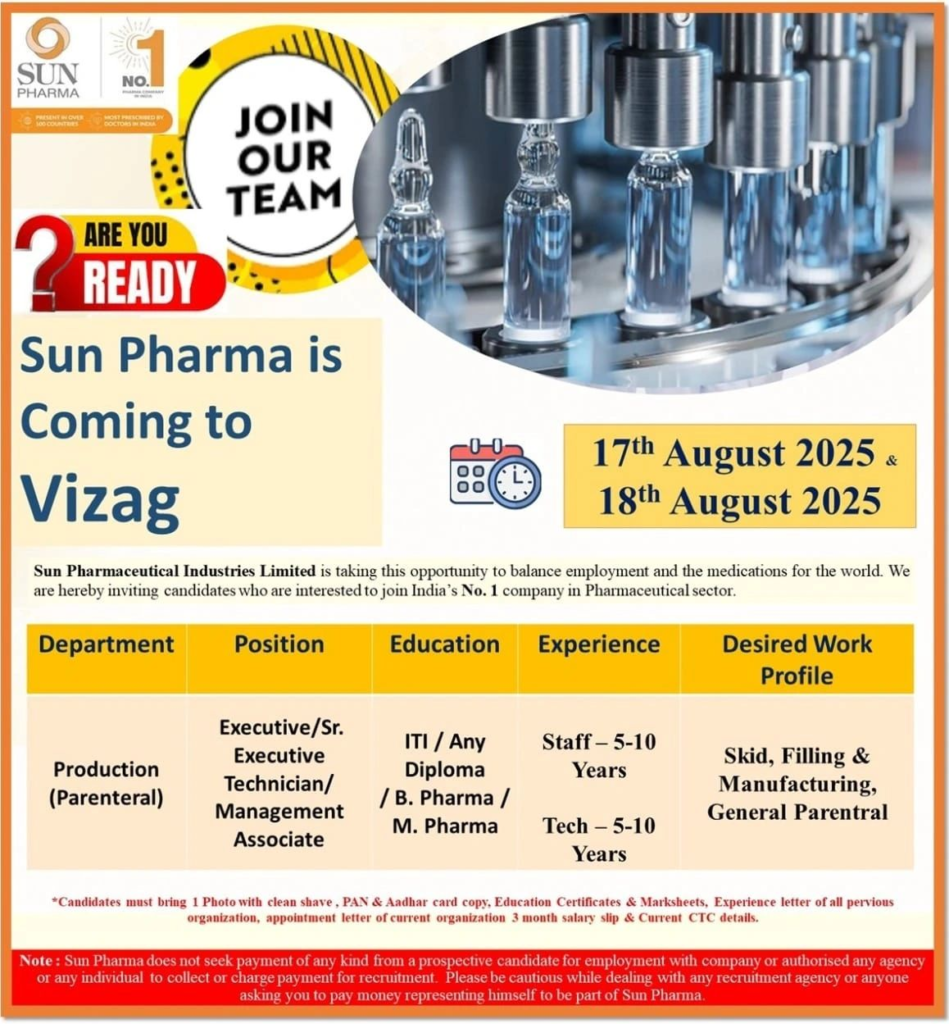 Sun Pharma Walk-In Drive for Parenteral Production Roles in Vizag