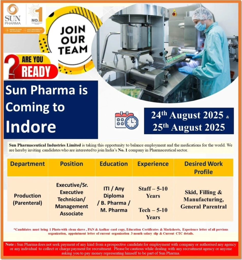 Sun Pharma Walk-In Drive for Parenteral Production Roles in Indore