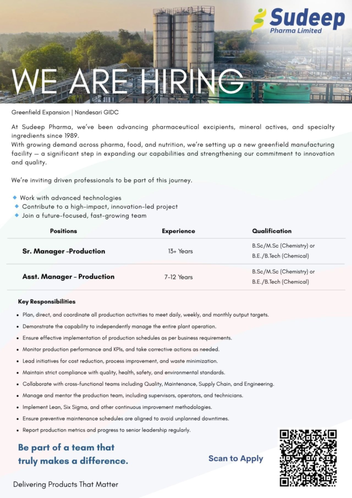 Sudeep Pharma - Career Opportunities for Greenfield Expansion in Nandesari GIDC