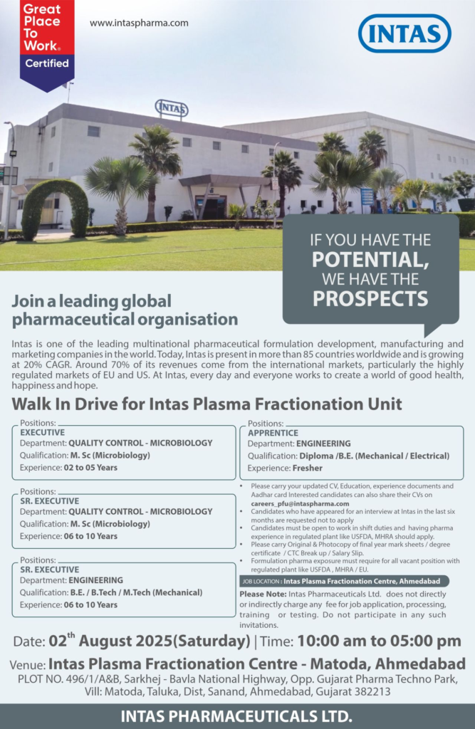 Intas Pharmaceuticals Walk-In Drive for Engineering and Quality Control Roles on 2nd August