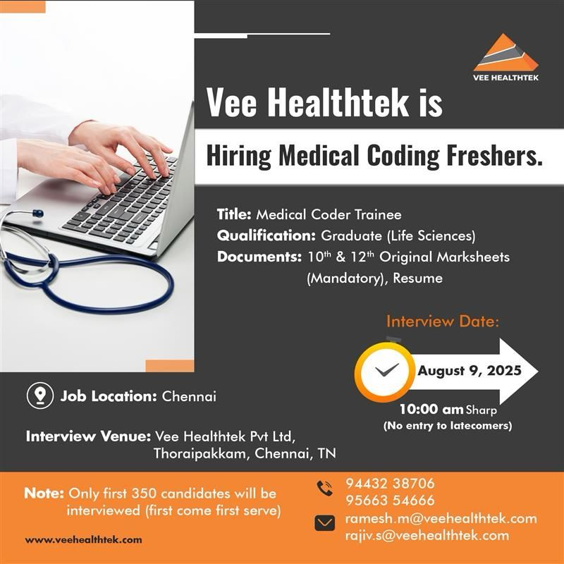 Vee Healthtek Walk-In Interview for Medical Coder Trainees