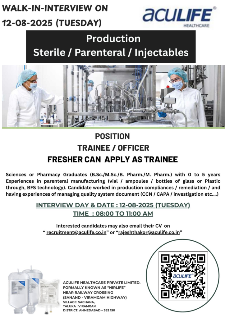 Aculife Healthcare Walk-In Interviews for Trainee / Officer – Production