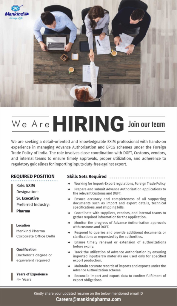 Mankind Pharma Hiring for Senior Executive - EXIM in Delhi