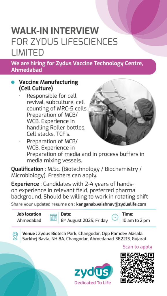 Walk-In Interview at Zydus Lifesciences - Join Our Vaccine Manufacturing Team in Ahmedabad