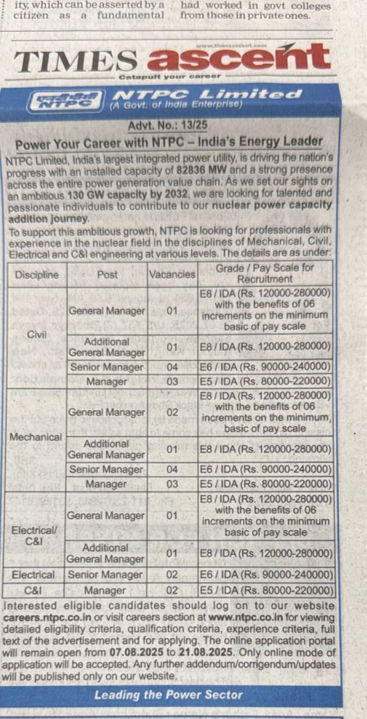 NTPC Limited - Walk-In Interview for Multiple Roles