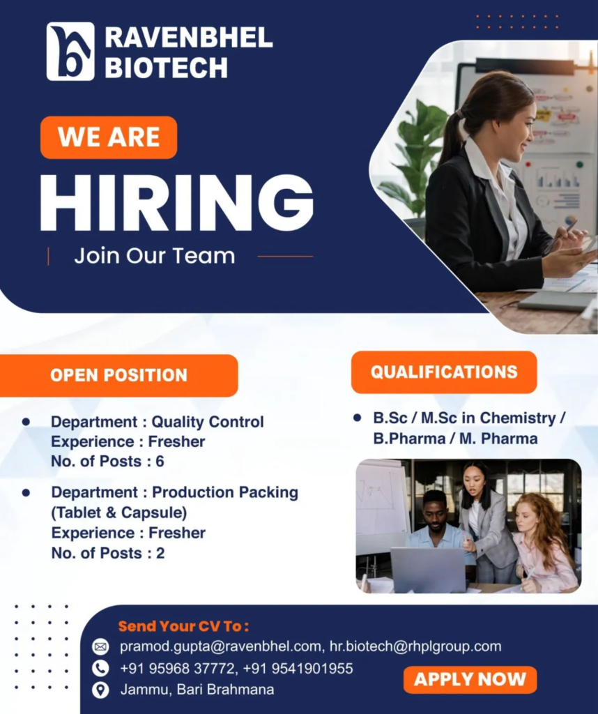 Ravenbhel Biotech Hiring Freshers in Quality Control and Production Packing